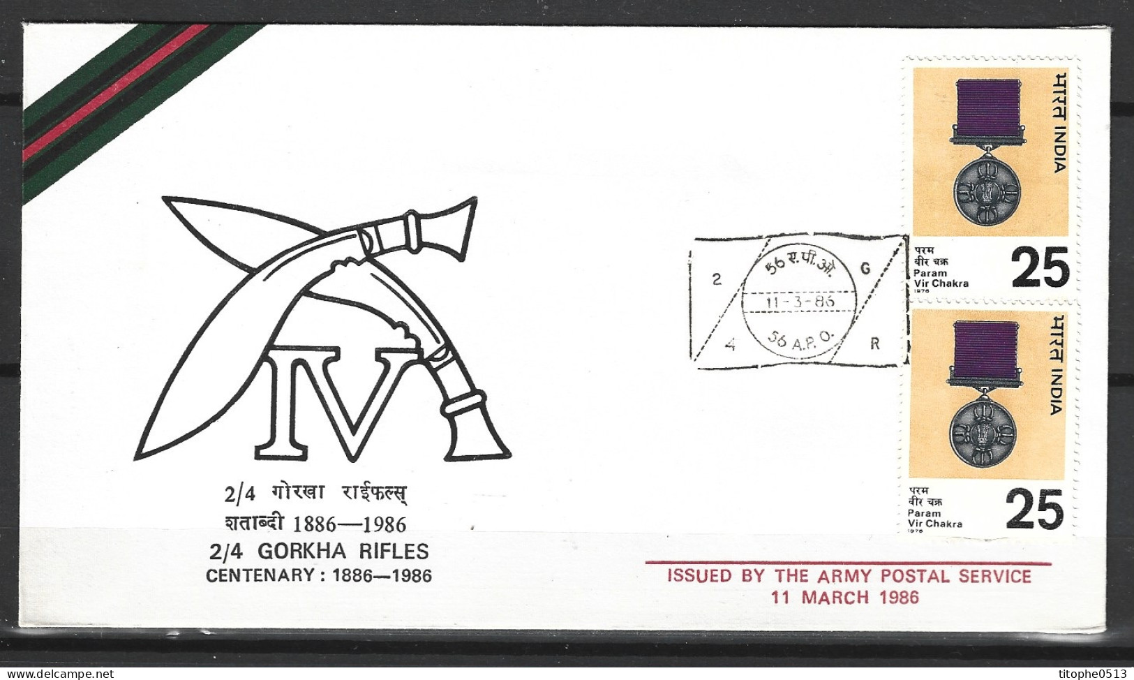 INDE. Superbe Enveloppe Commémorative De 1986. 2/4 Gorkha Rifles Centenary. - Storia Postale