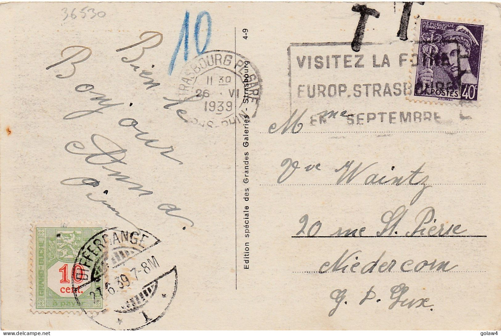 36530# MERCURE CARTE POSTALE BAIN AUX PLANTES TAXE LUXEMBOURG DIFFERDANGE Obl STRASBOURG BAS RHIN 1939 NIDERCORN - Portomarken