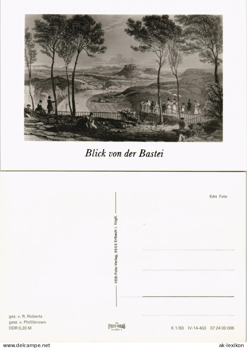 Rathen DDR Künstlerkarte (Zeichnung R. Roberts) Blick V.d. Bastei 1983 - Rathen