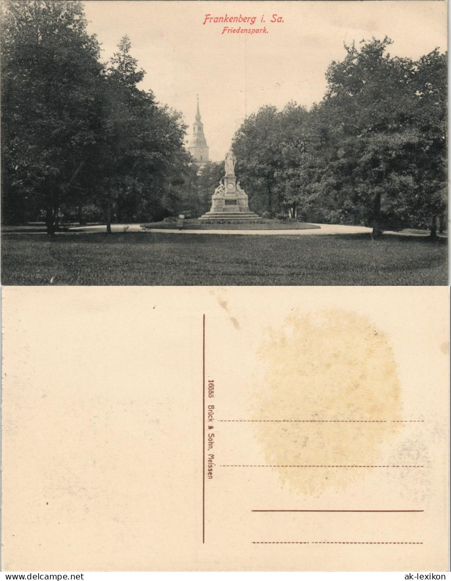Ansichtskarte Frankenberg (Sachsen) Friedenspark, Denkmal - Kirche 1914 - Frankenberg