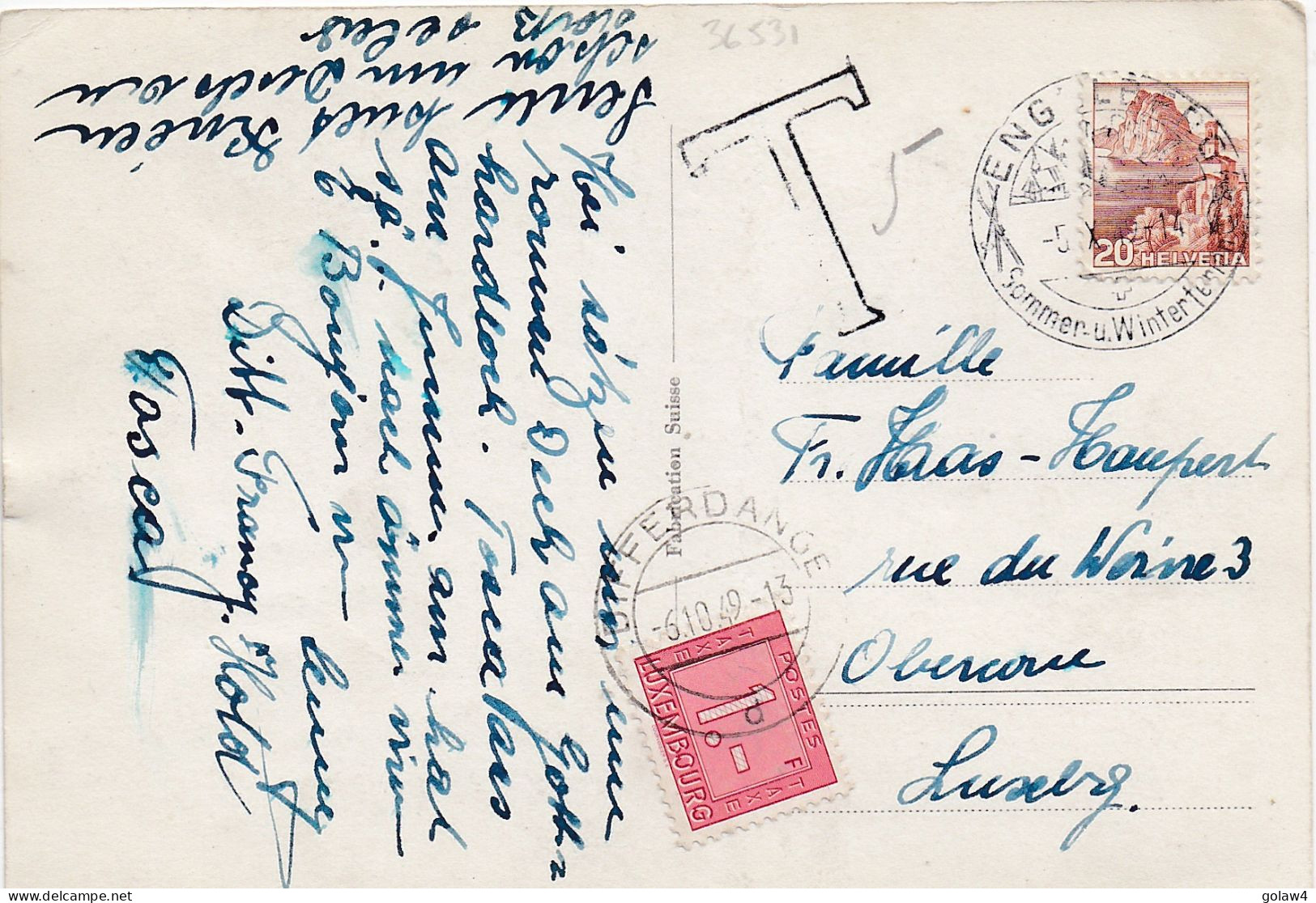 36531# CARTE POSTALE LUZERN TAXE LUXEMBOURG DIFFERDANGE Obl ENGELBERG SOMMER U. WINETRFERIEN 1949 OBERCORN - Postage Due