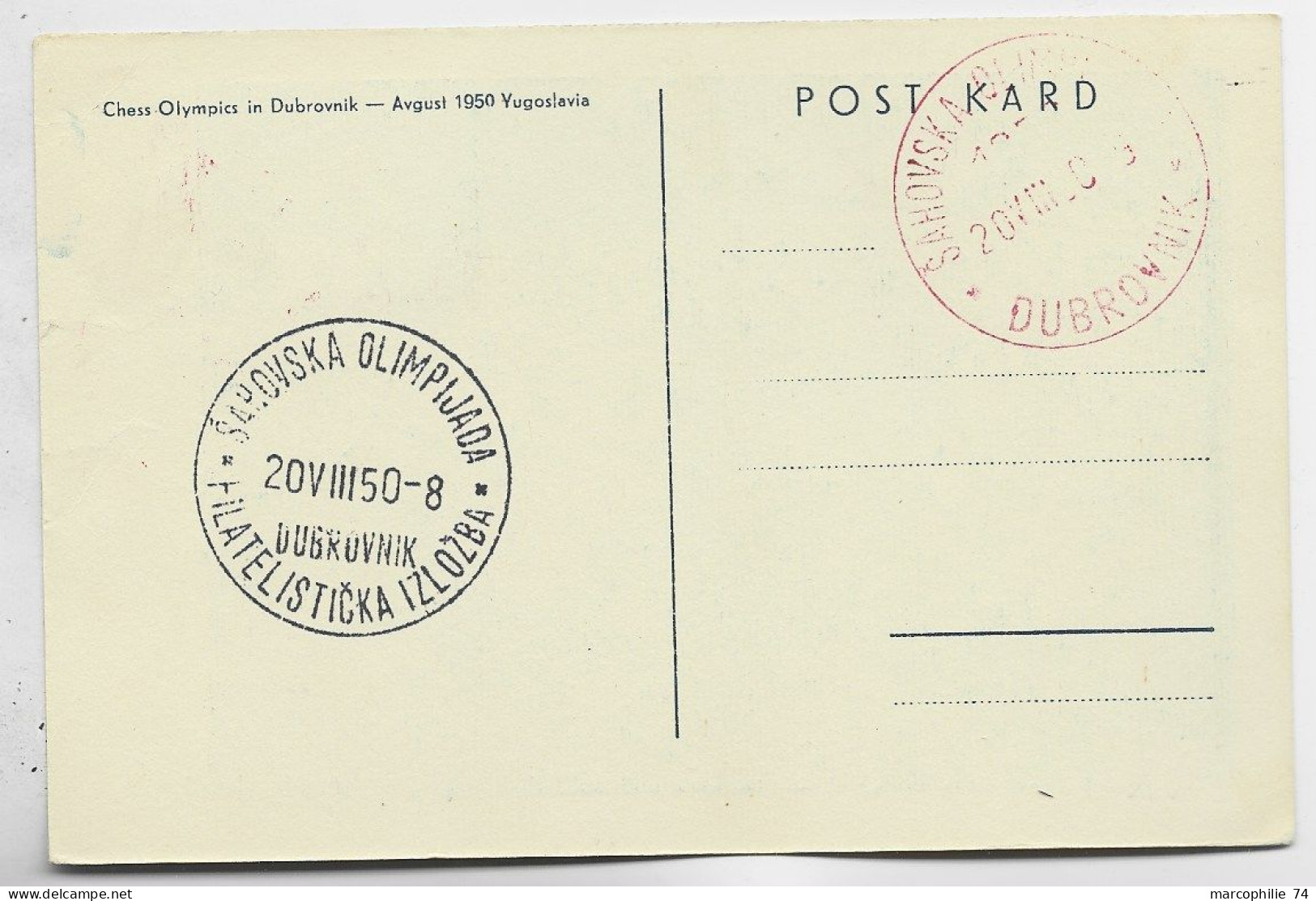 JUGOSLAVIJA  3 DIN JEUX ECHECS CARTE CARD MAXIMUM DUBROVNIK 1950 - Chess