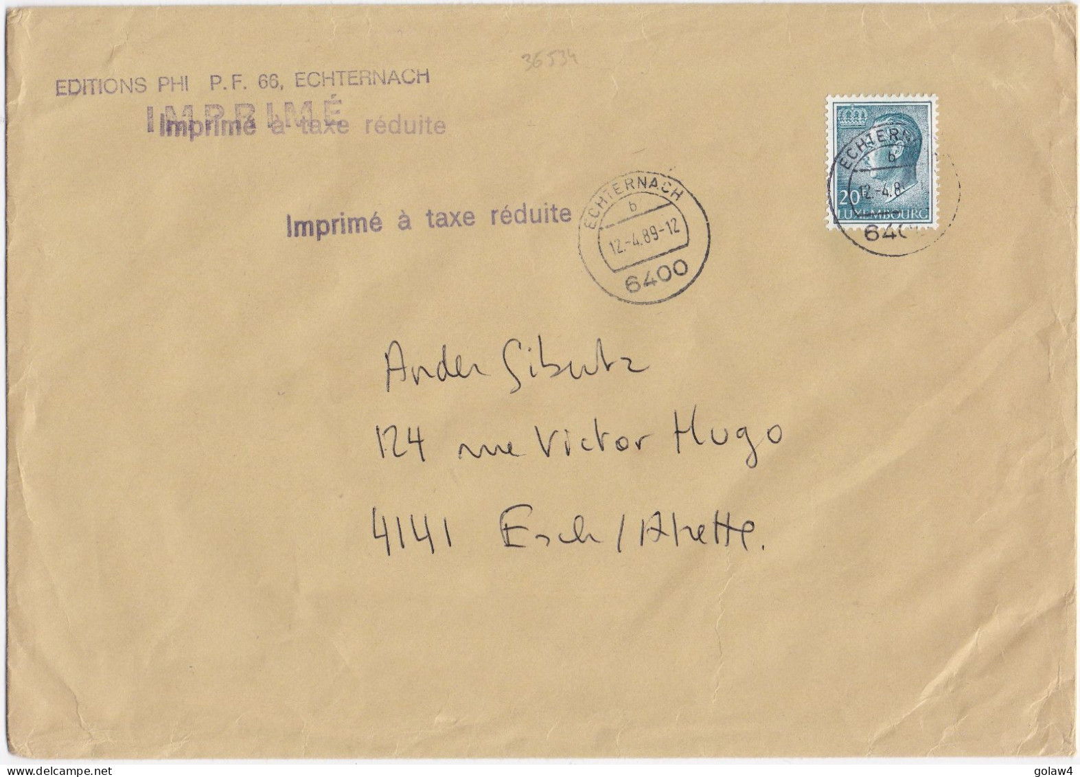 36534# GRAND DUC LETTRE TARIF IMPRIME A TAXE REDUITE Obl ECHTERNACH 1989 Pour ESCH SUR ALZETTE - Storia Postale