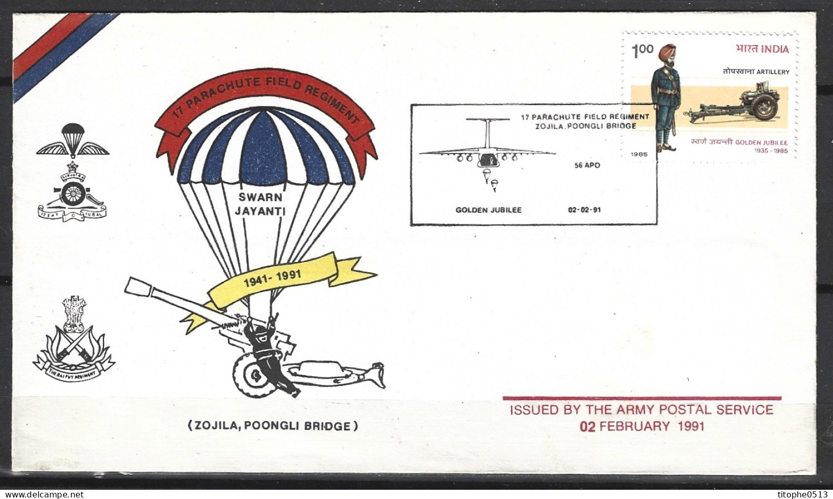 INDE. Superbe Enveloppe Commémorative De 1991. 17 Parachute Field Regiment. - Parachutisme