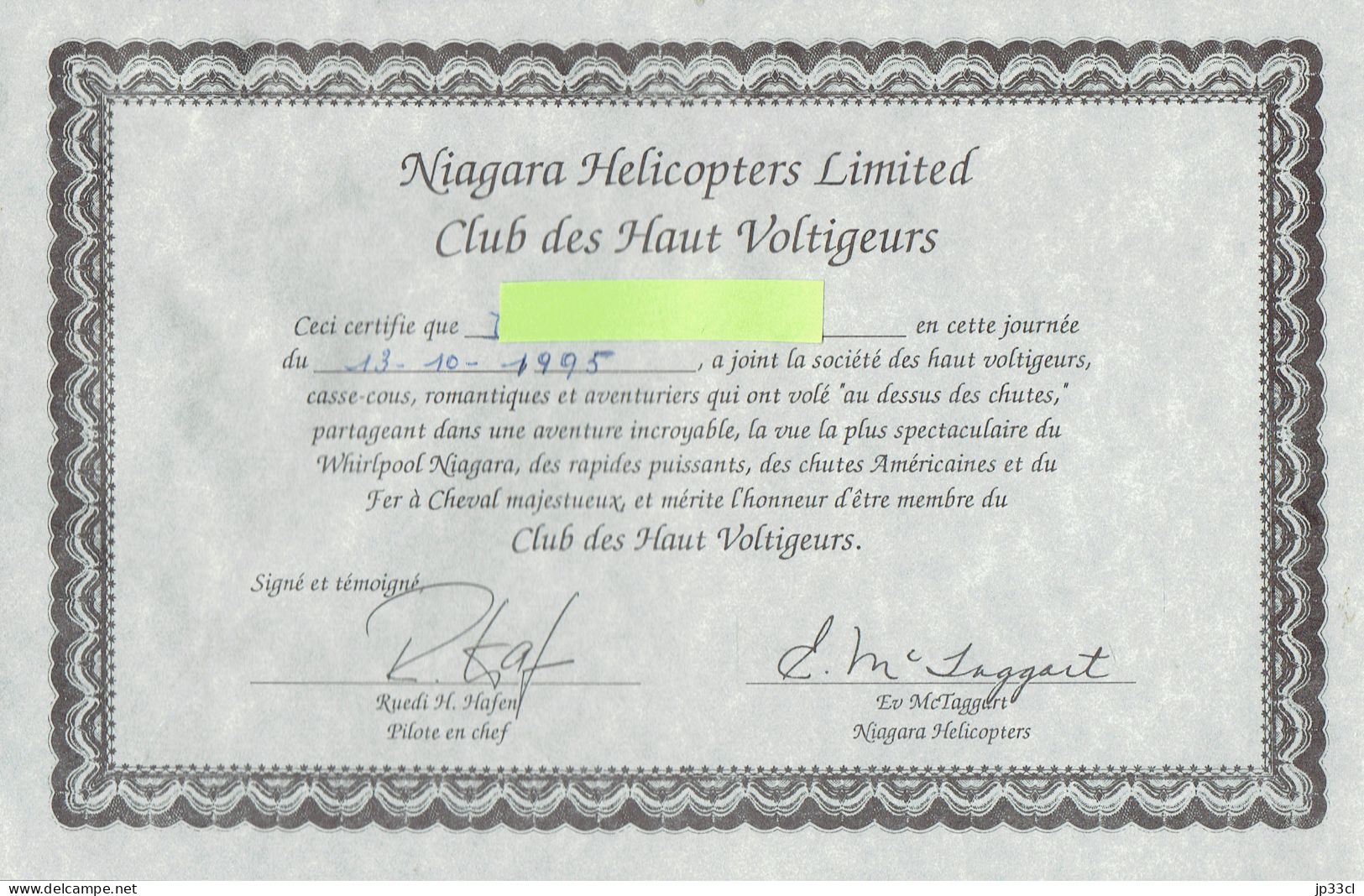 Les Chutes Du Niagara Vues D'hélicoptère (helicopter) Ticket D'embarquement + 9 Photos Prises à Bord + Diplôme (1995) - América