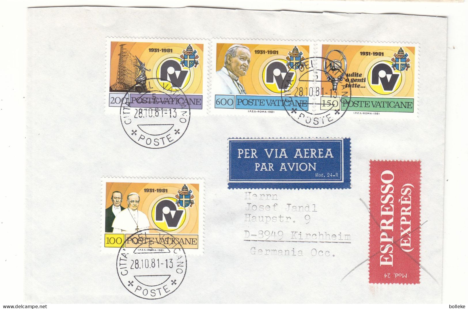 Vatican - Lettre Exprès De 1981 - Oblit Citta Del Vaticano - Papes - - Lettres & Documents