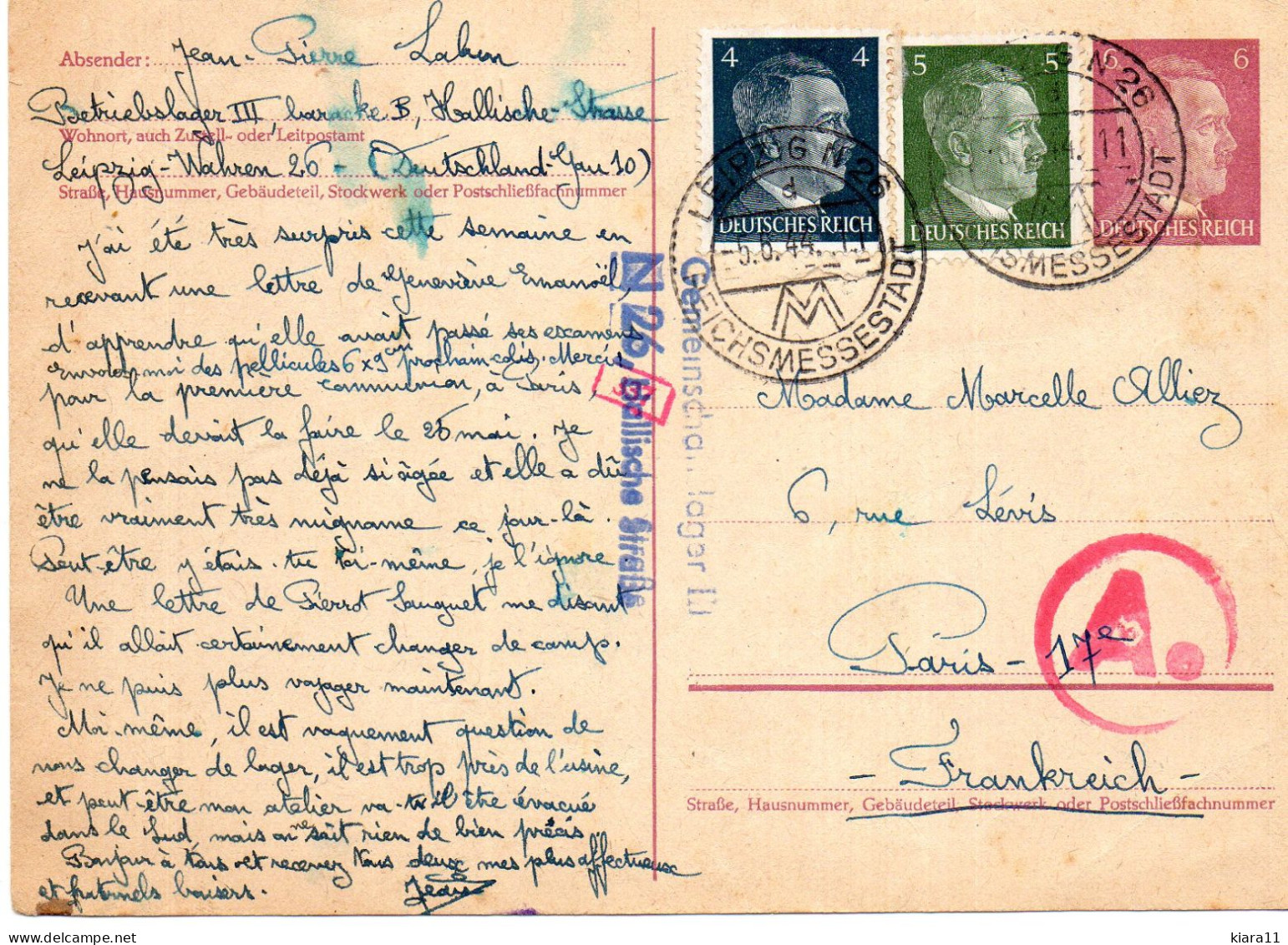 LEIPZIG - ENTIER POSTAL AVEC CENSURE - Correspondance D'un Prisonnier - Betriebslager III - BARACKENLEGER - 05.06.1944 - Cartes Postales - Oblitérées