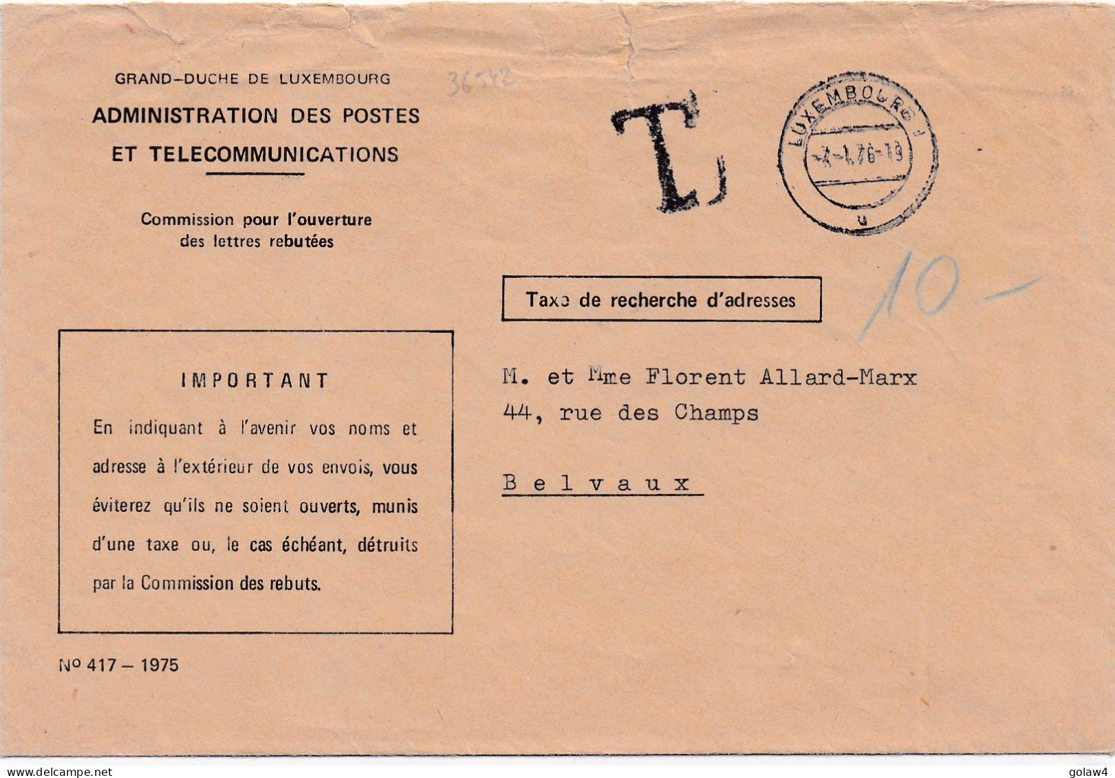 36542# LETTRE TAXE DE RECHERCHE D'ADRESSE Obl LUXEMBOURG 1976 T TAXE BELVAUX - Strafport