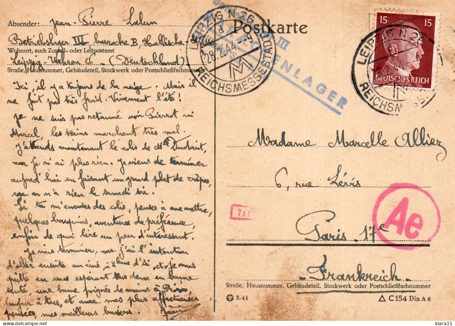 LEIPZIG - ENTIER POSTAL AVEC CENSURE - Correspondance D'un Prisonnier - Betriebslager III - BARACKENLEGER - 28.02.1944 - Cartoline - Usati