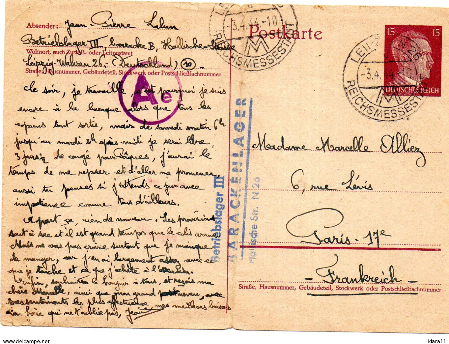 LEIPZIG - ENTIER POSTAL AVEC CENSURE - Correspondance D'un Prisonnier - Betriebslager III - BARACKENLEGER - 03.04.1944 - Cartoline - Usati