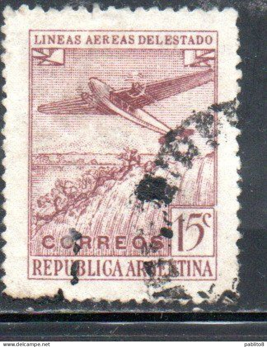 ARGENTINA 1946 AIR MAIL POSTA AEREA CORREO AEREO PLANE OVER THE ANDES CENT. 15c USATO USED OBLITERE' - Airmail