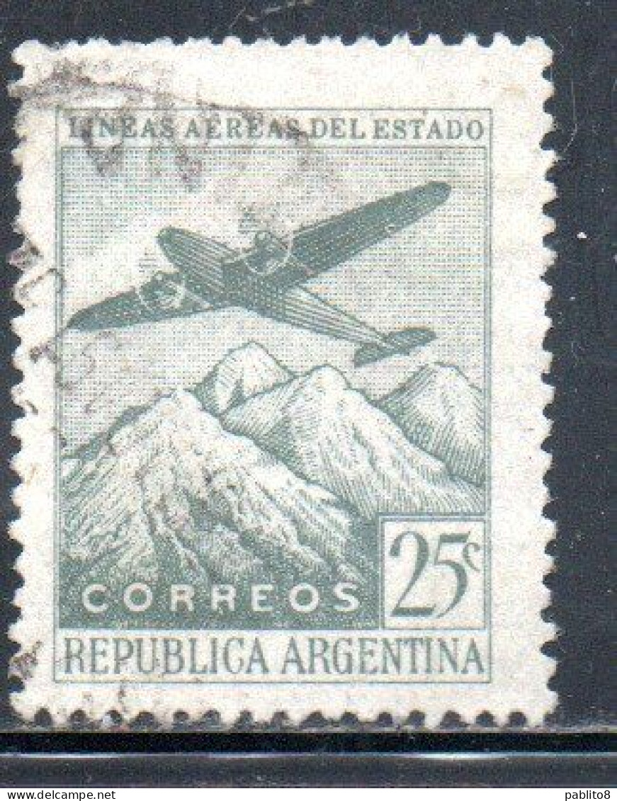 ARGENTINA 1946 AIR MAIL POSTA AEREA CORREO AEREO PLANE OVER THE ANDES CENT. 25c USATO USED OBLITERE' - Posta Aerea