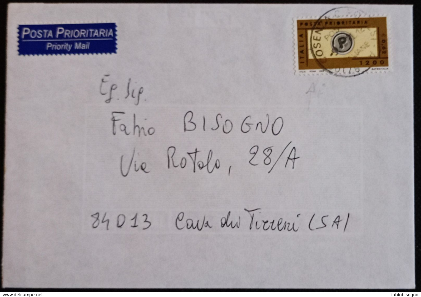 Cosenza 9.1.2001  Prioritario L.1200/Eur.0,62 (IPZS Roma 2000) - 2001-10: Poststempel