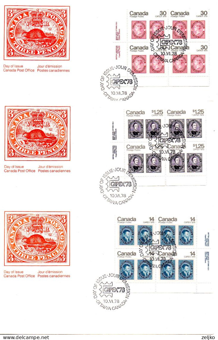 Canada, FDC X 3, 1978, Michel 691 - 693, CAPEX, Blocks Of 4 - 1971-1980