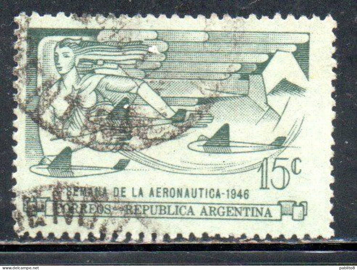 ARGENTINA 1946 AIR MAIL POSTA AEREA CORREO AEREO AERONAUTIC EXPOSITION WEEK SEMANA AERONAUTICA 15c USATO USED OBLITERE' - Luftpost