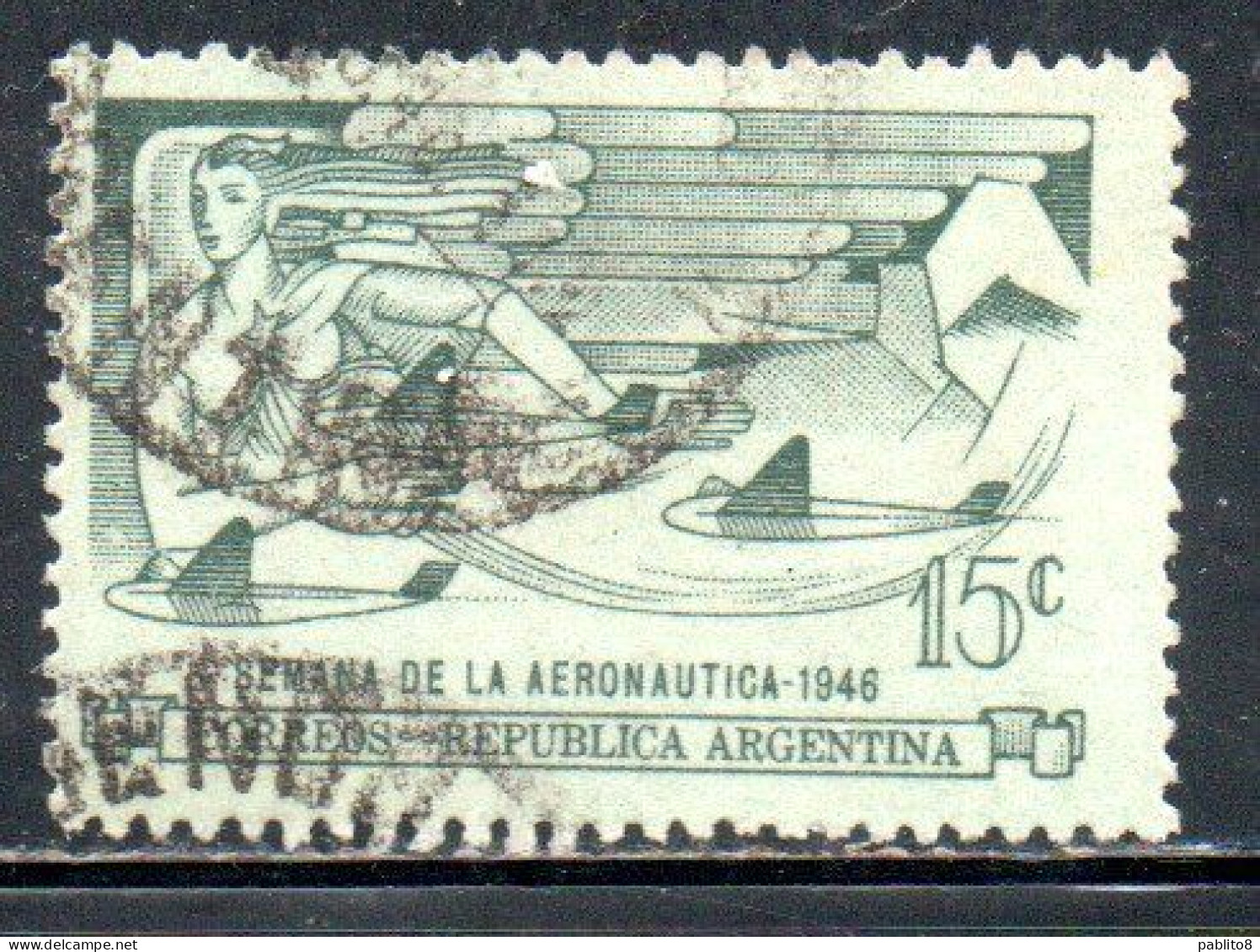 ARGENTINA 1946 AIR MAIL POSTA AEREA CORREO AEREO AERONAUTIC EXPOSITION WEEK SEMANA AERONAUTICA 15c USATO USED OBLITERE' - Posta Aerea