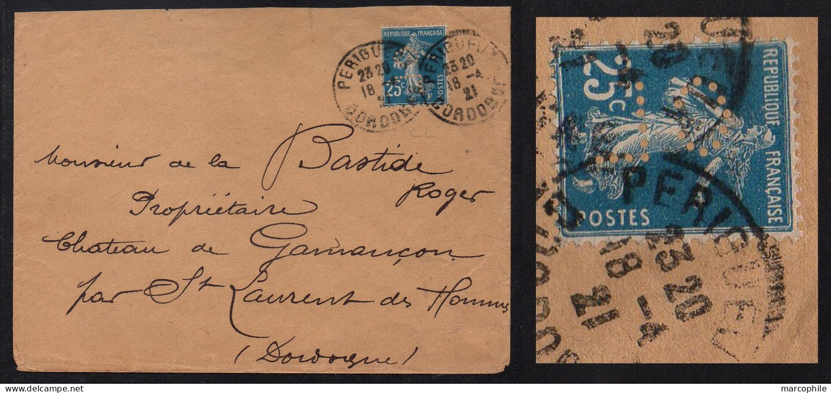 PERFORE - PERFIN - LOCHUNG / 1921 "CL" SUR SEMEUSE 25 C. BLEU SUR LETTRE (ref 5500) - Lettres & Documents