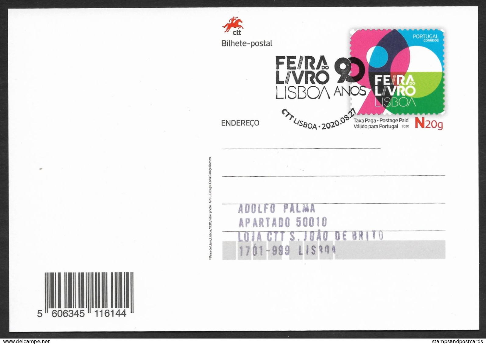 Portugal Entier Postal Feira Do Livro Lisboa 90 Ans Salon Du Livre Lisbonne Cachet 2020 Stationery Lisbon Book Fair Pmk - Entiers Postaux