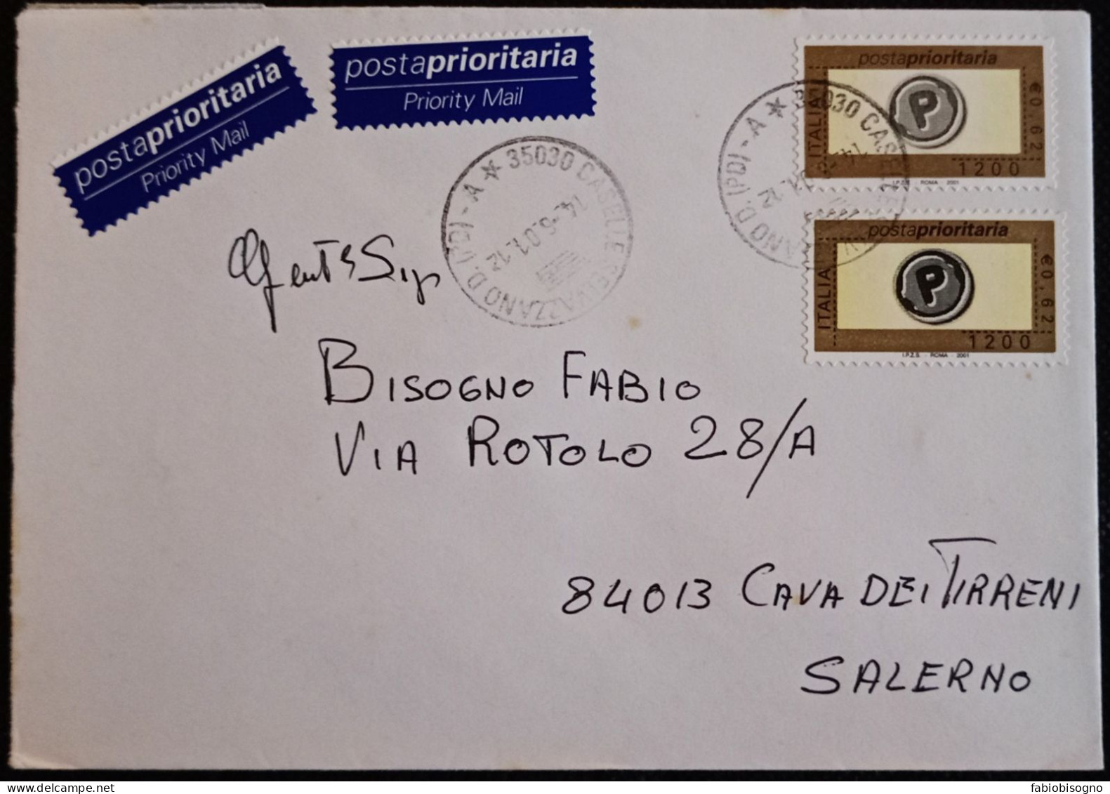 Caselle Selvazzano 14.6.2001 Prioritario L.1200/Eur.0,62 X2 (IPZS - Roma - 2001 / 2 Trattini) - 2001-10: Poststempel