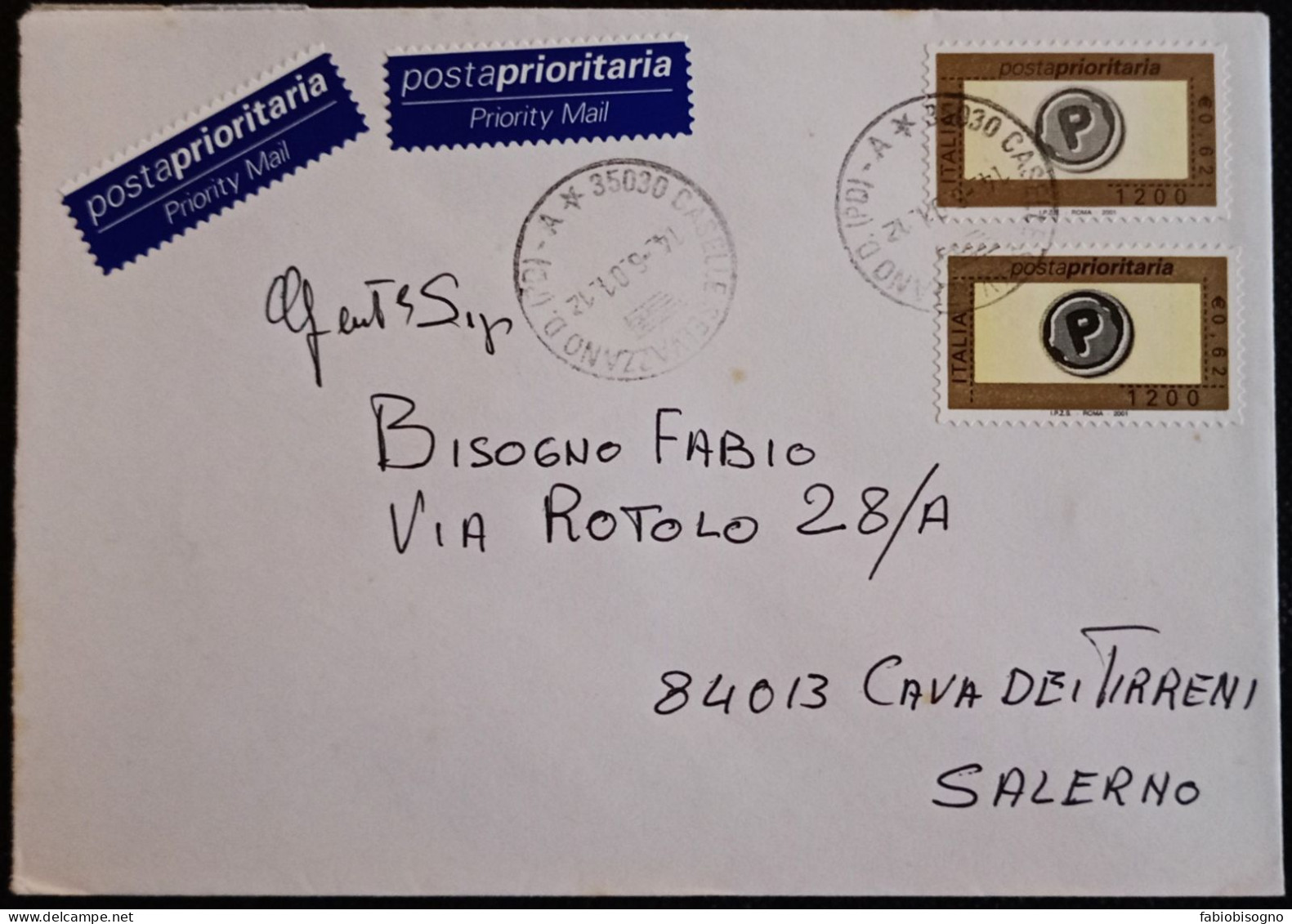Caselle Selvazzano 14.6.2001 Prioritario L.1200/Eur.0,62 X2 (IPZS - Roma - 2001 / 2 Trattini) - 2001-10: Storia Postale