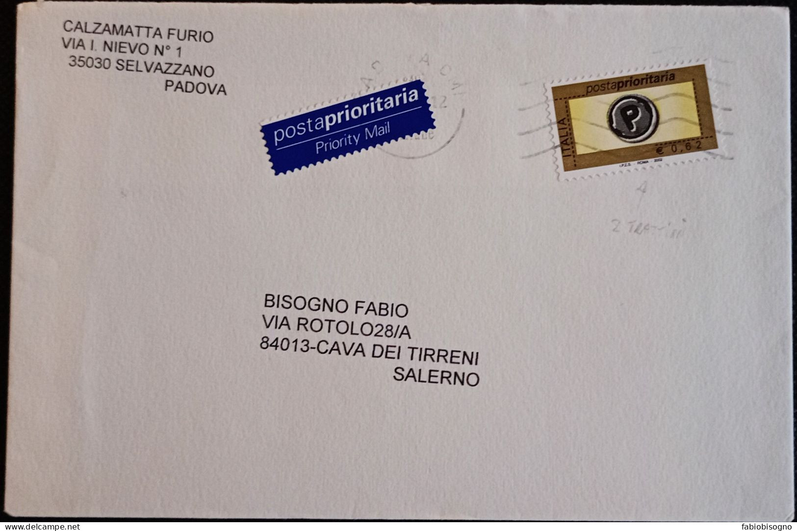 Padova 21.4.2002 Prioritario Eur.0,62  (IPZS - Roma - 2002 / 2 Trattini) - 2001-10: Poststempel