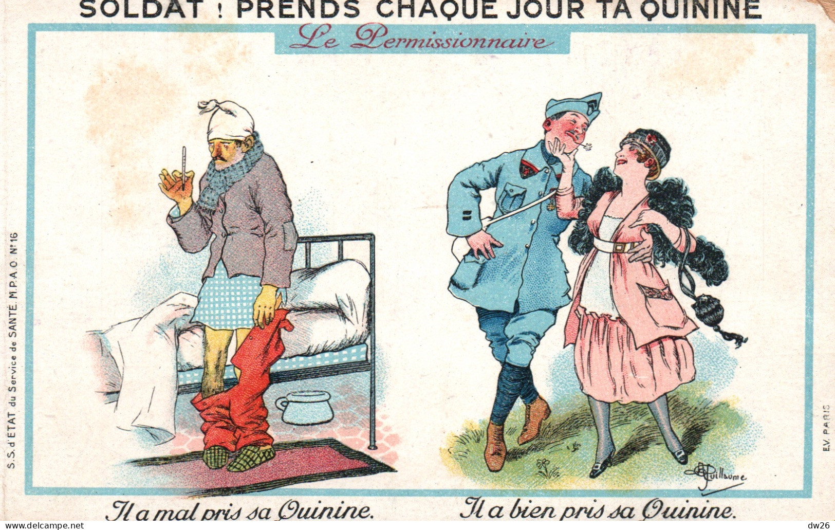 Illustration Guillaume: Soldat, Prends Chaque Jour Ta Quinine (le Permissionnaire) Service De Santé De L'Armée N° 16 - Guillaume