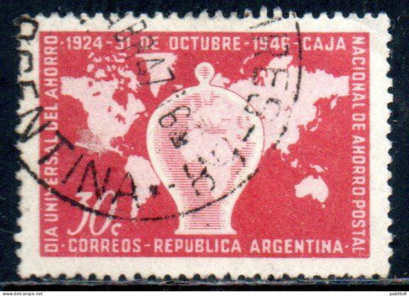 ARGENTINA 1946 UNIVERSAL DAY OF SAVINGS COIN BANK AND WORLD MAP 30c USED USADO OBLITERE' - Usados