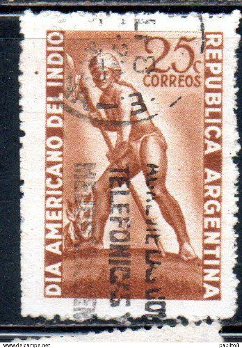 ARGENTINA 1947 AMERICAN INDIAN DAY  STATUE OF AURACANIAN 25c USED USADO OBLITERE' - Gebruikt