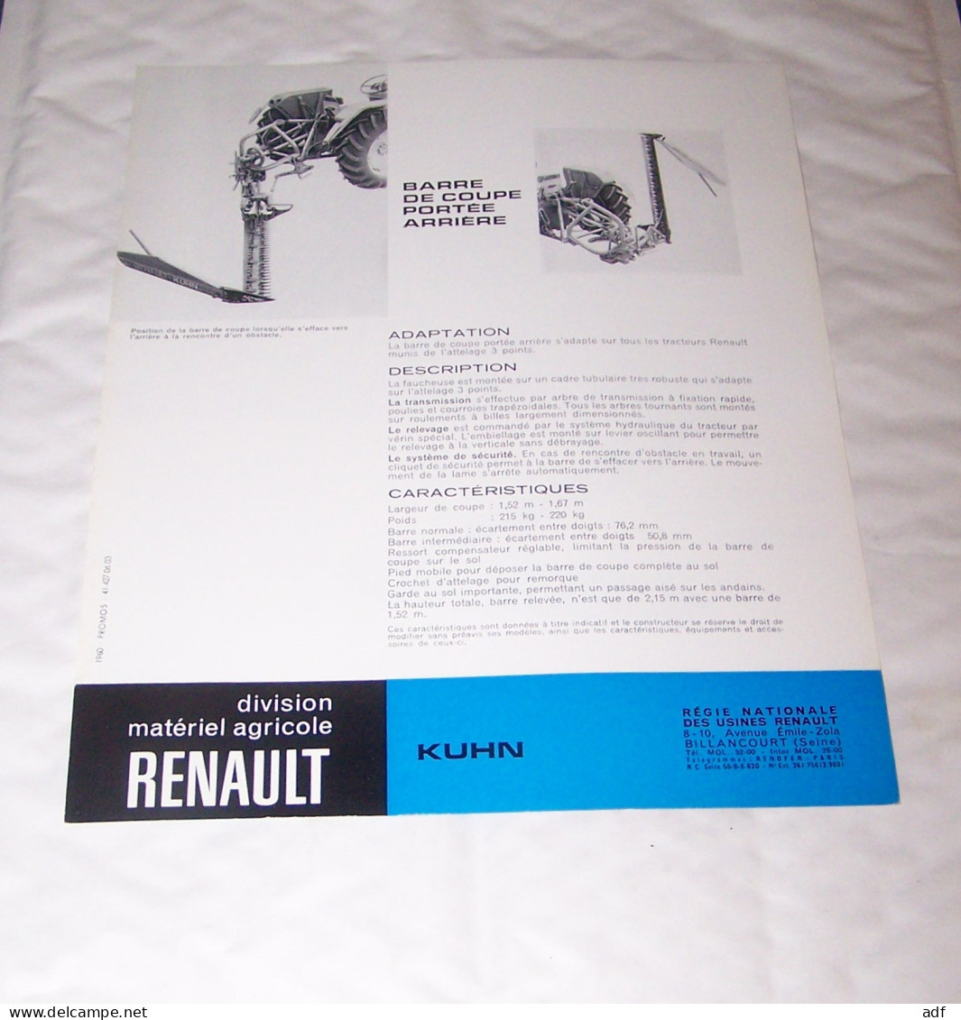 FEUILLET PUB PUBLICITAIRE MATERIEL RENAULT BARRE DE COUPE PORTEE ARRIERE KUHN ( TRACTEUR, TRACTEURS, MOTOCULTURE ) - Tracteurs