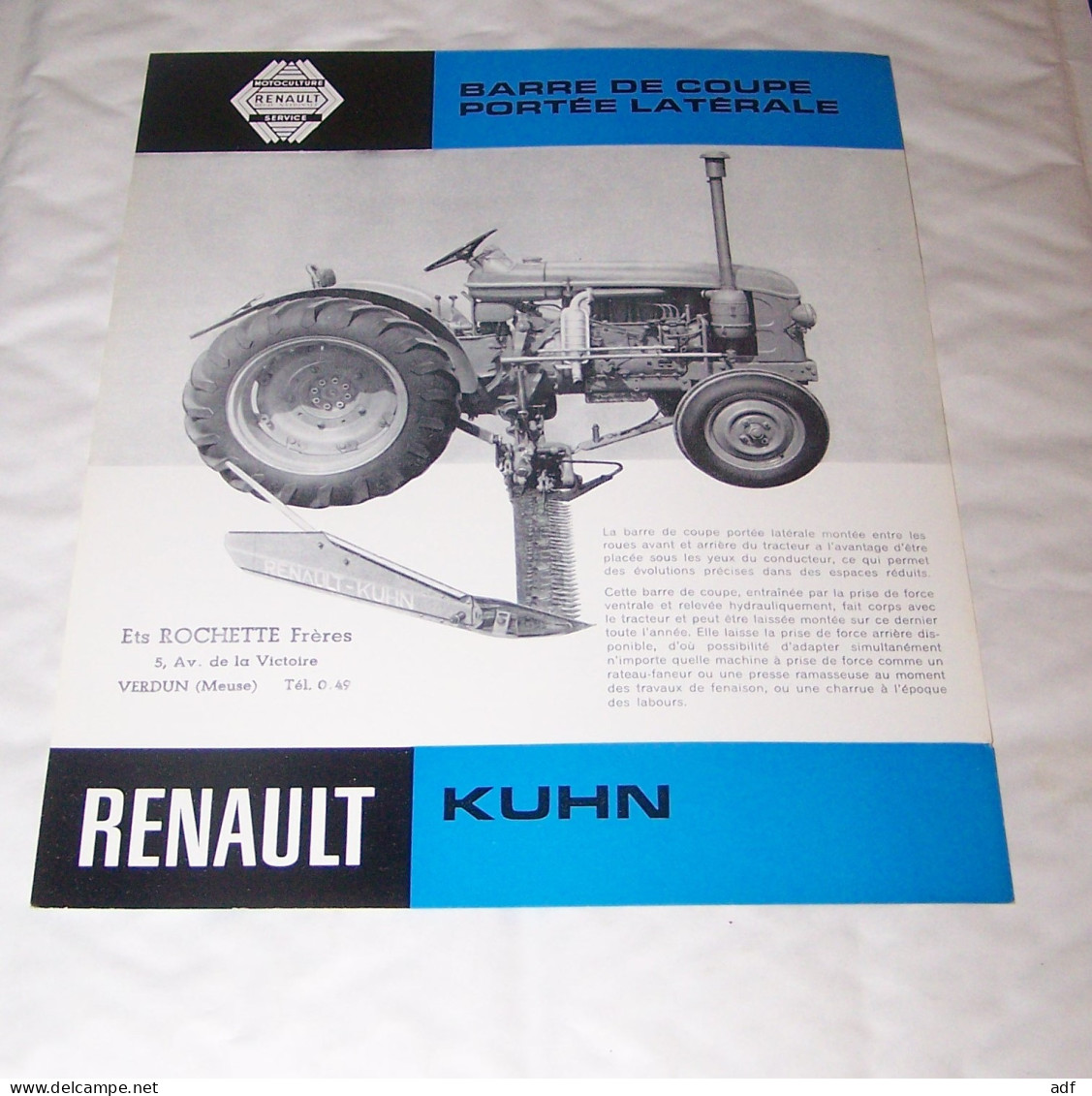 FEUILLET PUB PUBLICITAIRE MATERIEL AGRICOLE RENAULT BARRE DE COUPE DE PORTEE KUHN ( TRACTEUR, TRACTEURS, MOTOCULTURE ) - Tracteurs