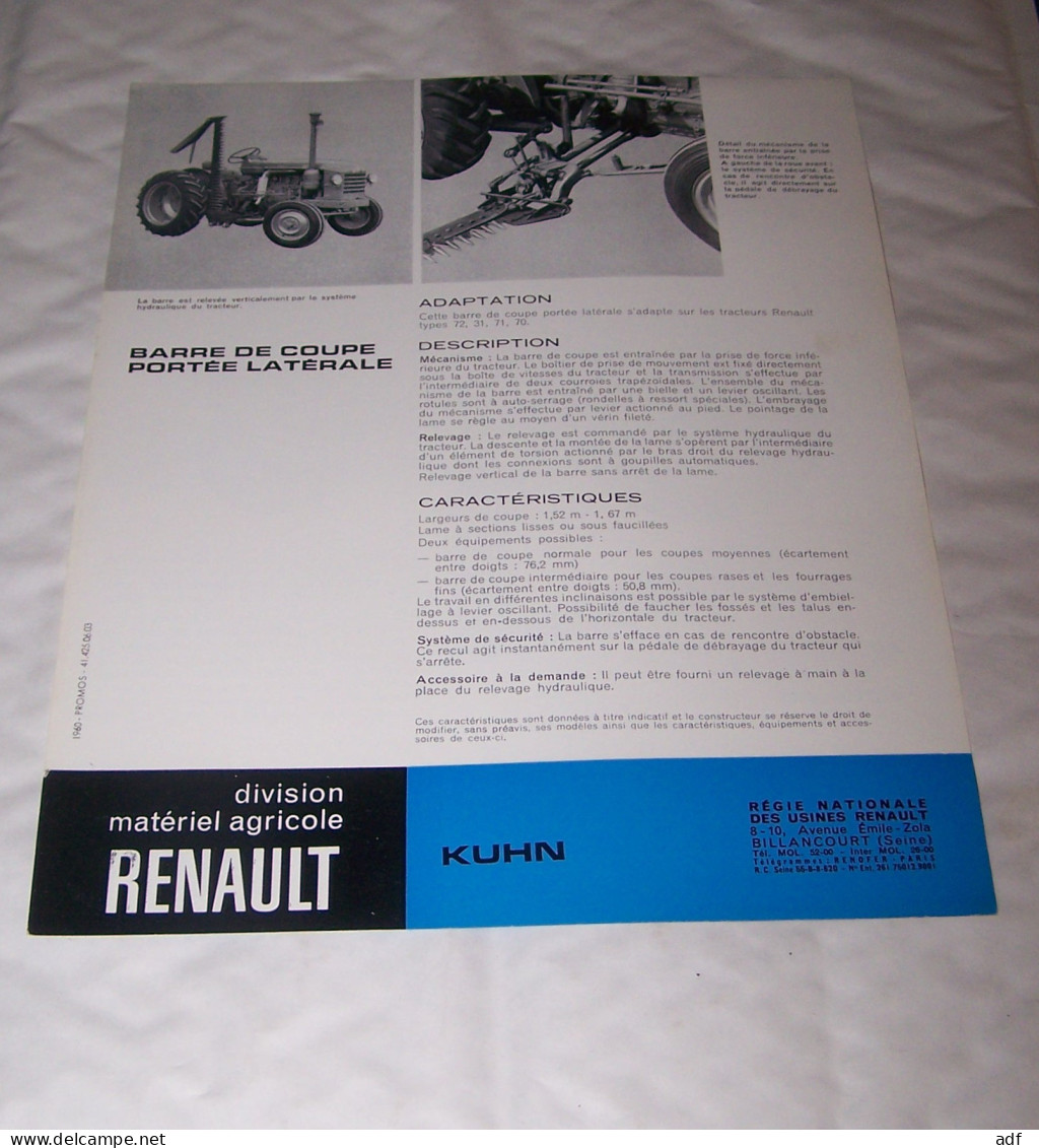 FEUILLET PUB PUBLICITAIRE MATERIEL AGRICOLE RENAULT BARRE DE COUPE DE PORTEE KUHN ( TRACTEUR, TRACTEURS, MOTOCULTURE ) - Trattori