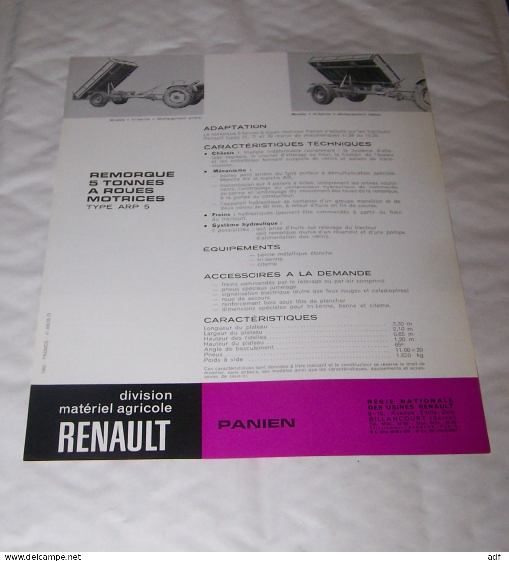 FEUILLET PUB PUBLICITAIRE MATERIEL AGRICOLE RENAULT REMORQUE 5 TONNES PANIEN ( TRACTEUR, TRACTEURS, MOTOCULTURE ) - Tractors