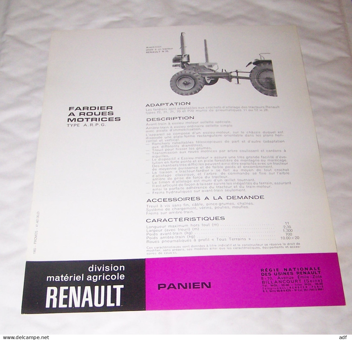 FEUILLET PUB PUBLICITAIRE MATERIEL RENAULT FARDIER A ROUES MOTRICES PANIEN ( TRACTEUR, TRACTEURS, MOTOCULTURE ) - Traktoren