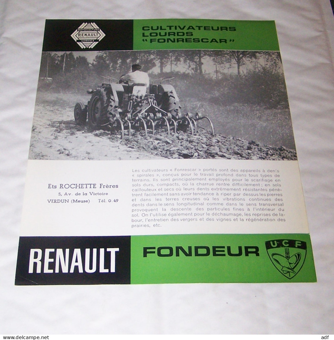 FEUILLET PUB PUBLICITAIRE MATERIEL RENAULT CULTIVATEURS LOURDS FONRESCAR FONDEUR ( TRACTEUR, TRACTEURS, MOTOCULTURE ) - Tracteurs