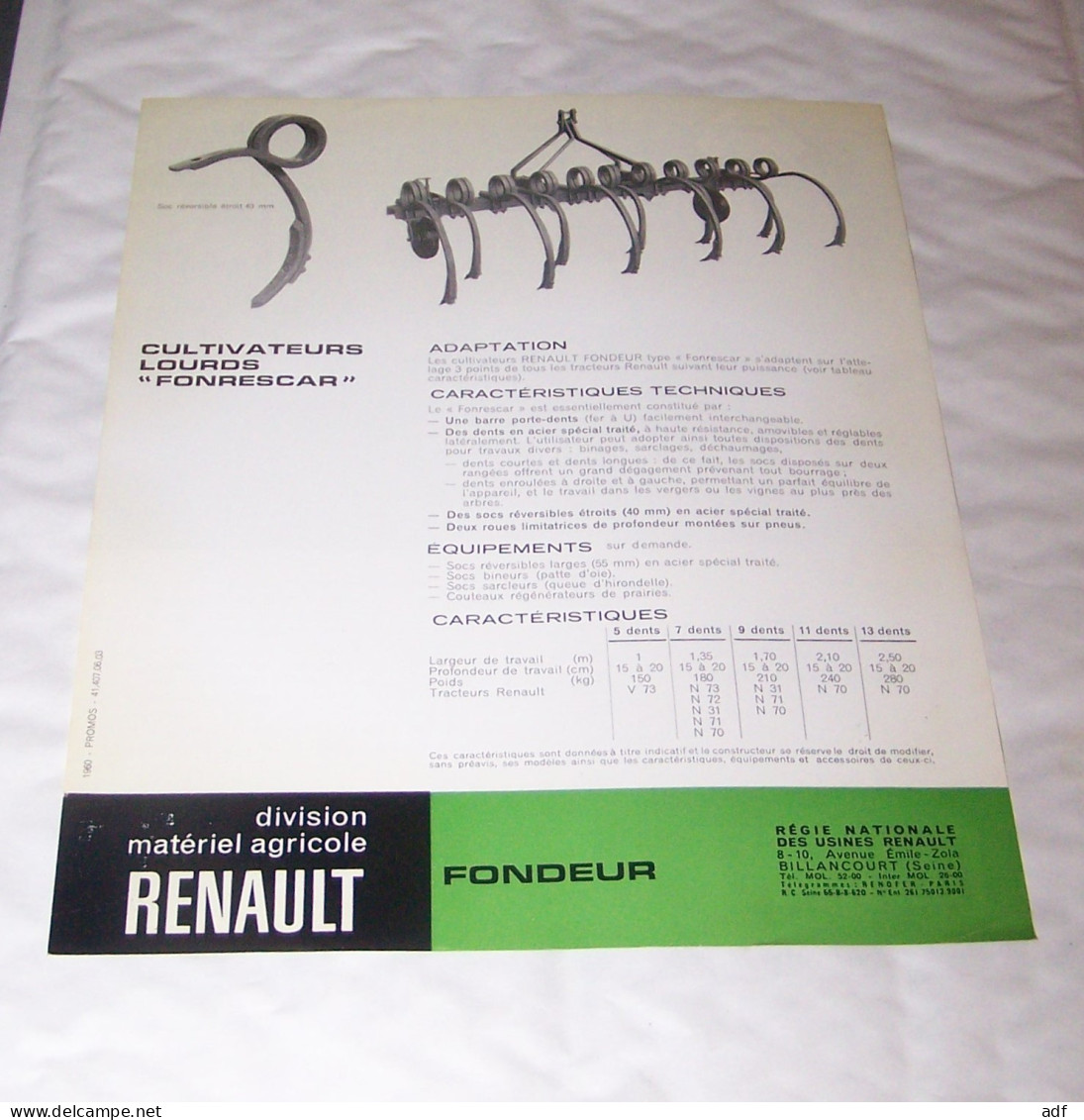 FEUILLET PUB PUBLICITAIRE MATERIEL RENAULT CULTIVATEURS LOURDS FONRESCAR FONDEUR ( TRACTEUR, TRACTEURS, MOTOCULTURE ) - Tracteurs