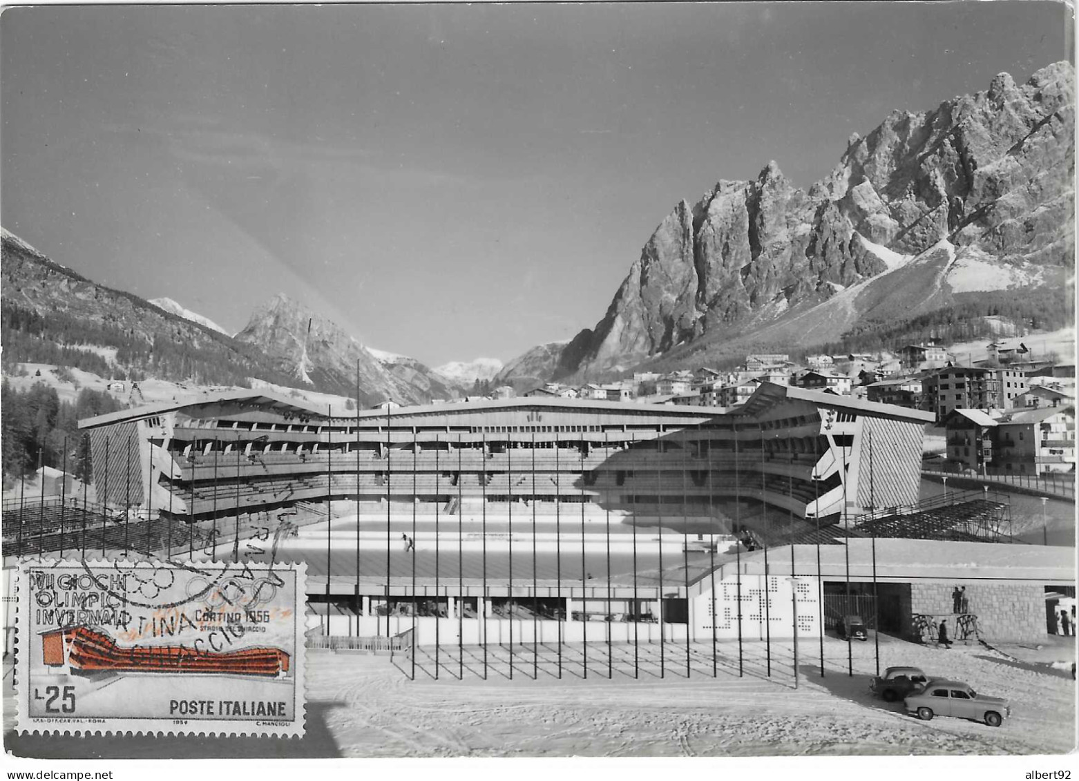 1956 Jeux Olympiques D'Hiver De Cortina D'Ampezzo: Le Stade De Glace: Carte Maxi. Cachet Hockey Sur Glace - Winter 1956: Cortina D'Ampezzo