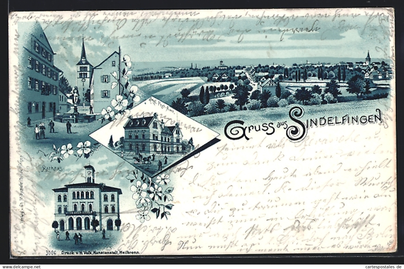 Lithographie Sindelfingen, Königliches Post-Amt, Rathaus, Brunnen  - Sindelfingen