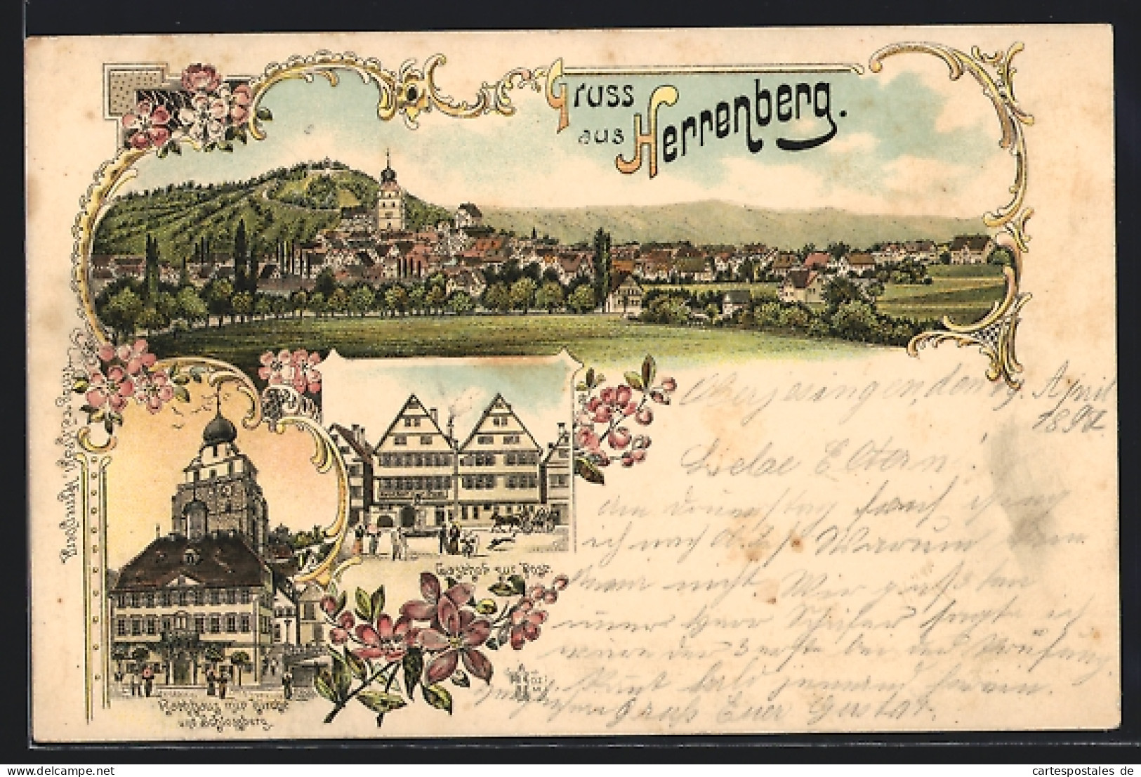 Lithographie Herrenberg, Gasthof Zur Post, Rathaus Mit Kirche, Panorama  - Herrenberg