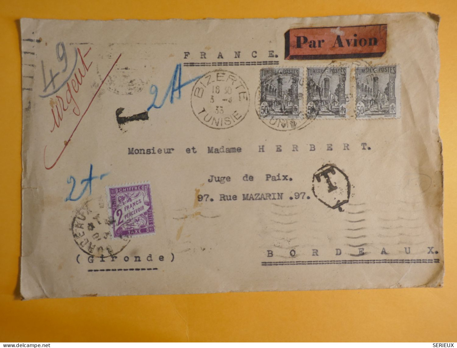 DM5 TUNISIE  LETTRE  1933 BIZERTE A BORDEAUX FRANCE   +TAXE  + + AFF.   INTERESSANT+ + - Brieven En Documenten