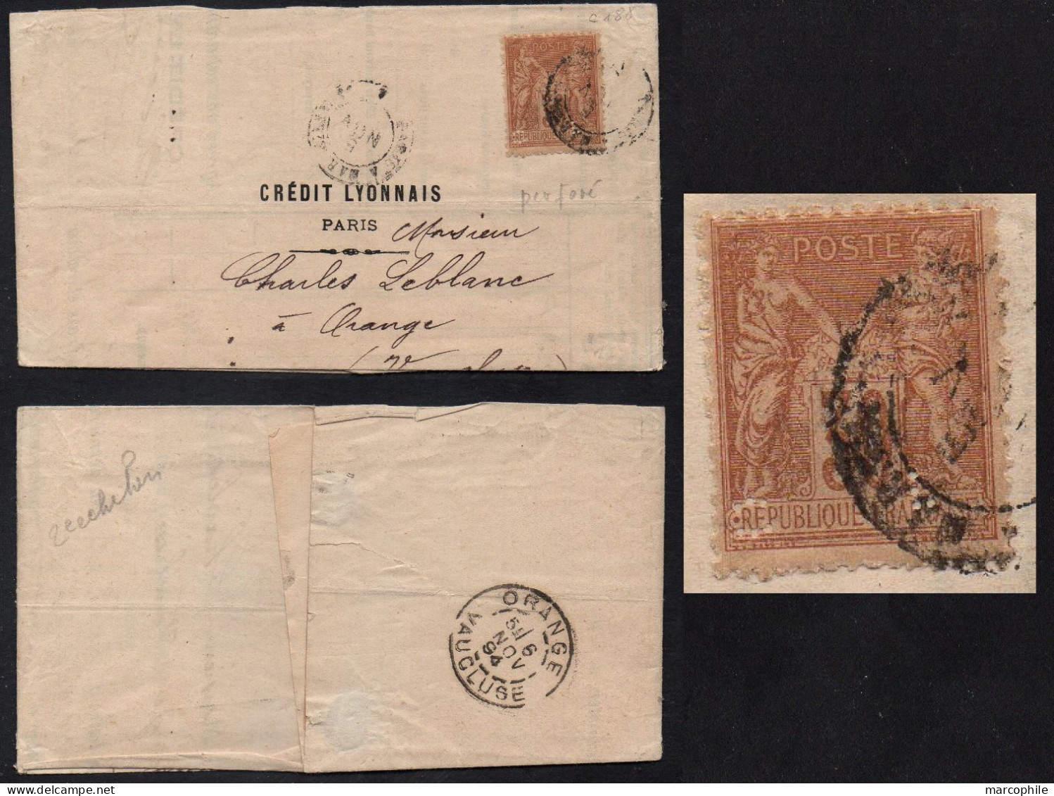 PERFORE - PERFIN - LOCHUNG / 1894 "CL" SUR SAGE 30 C. SUR PLI POUR ORANGE (ref 5739) - Covers & Documents