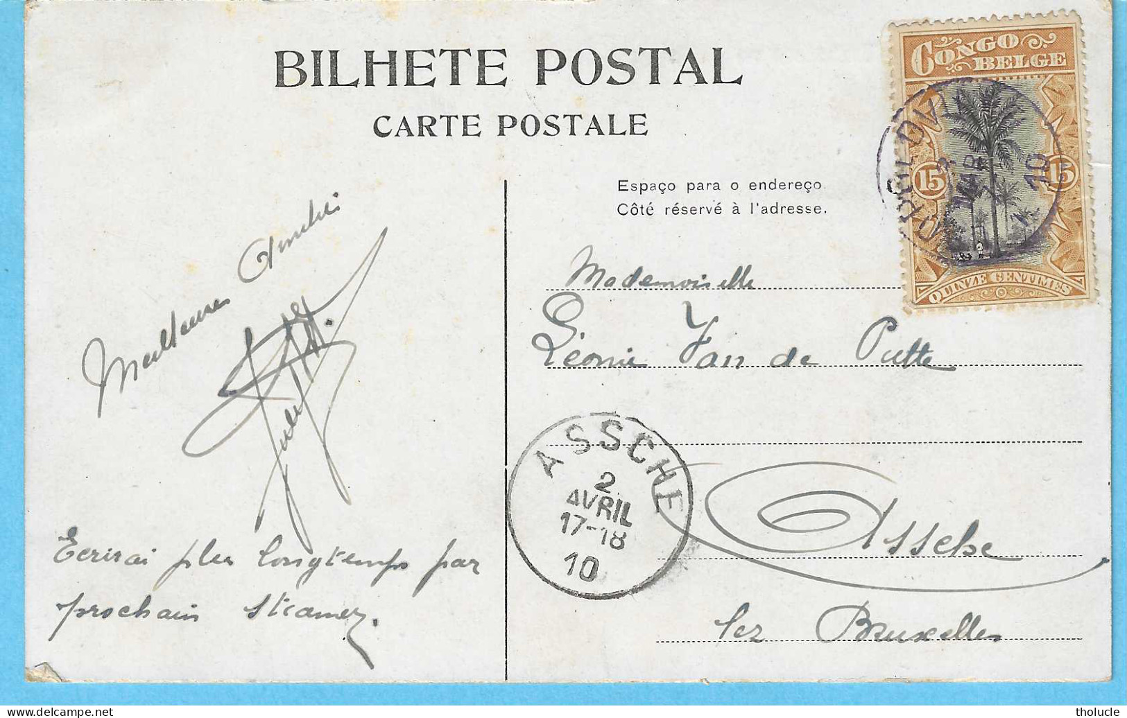 Timbre Type Mols-Congo-Belge-"Unilingue"-15c Ocre-brun-N°52a-Cpa-Léopoldville-Activité Au Port-Trabalhos No Porto-1910 - Cartas & Documentos