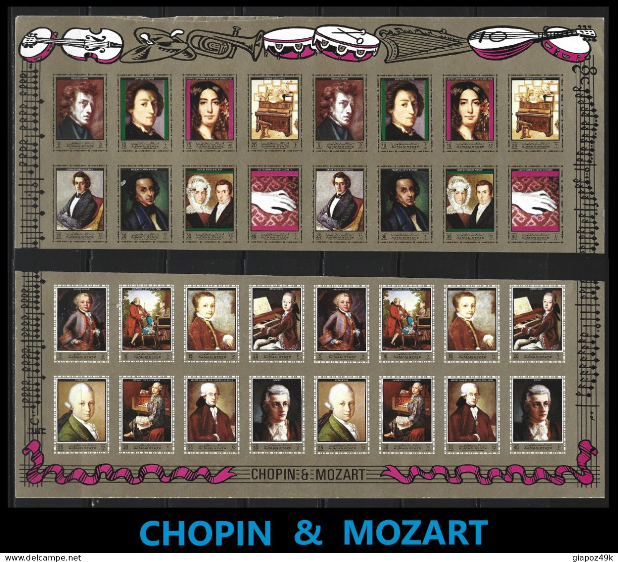 ● AJMAN 1971 1972 ֍ CHOPIN & MOZART ֍  Imperforated ● Musica ● Compositori● Personaggi ● Strumenti Musicali ● - Ajman