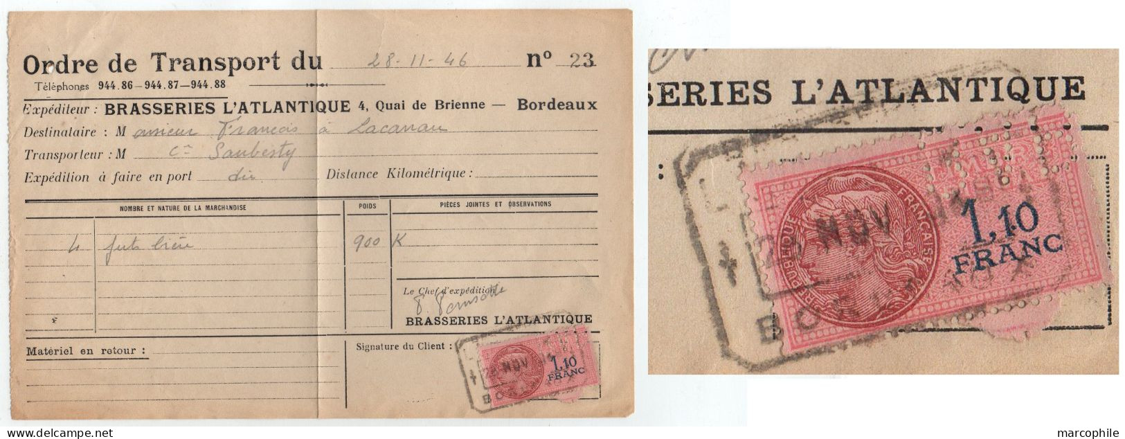 BIERE - BEER - BIER / 1946 FISCAL PERFORE "BAB" BRASSERIES L'ATLANTIQUE - BORDEAUX - SUR DOCUMENT (ref 790b) - Cervezas