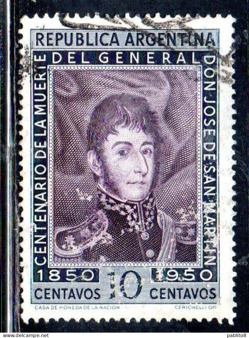 ARGENTINA 1950 PORTRAIT OF GENERAL DE SAN MARTIN 10c USED USADO OBLITERE' - Usati