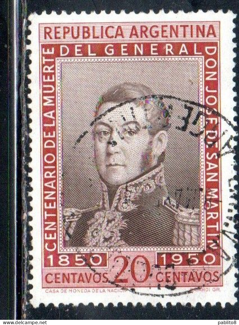 ARGENTINA 1950 PORTRAIT OF GENERAL DE SAN MARTIN 20c USED USADO OBLITERE' - Usati