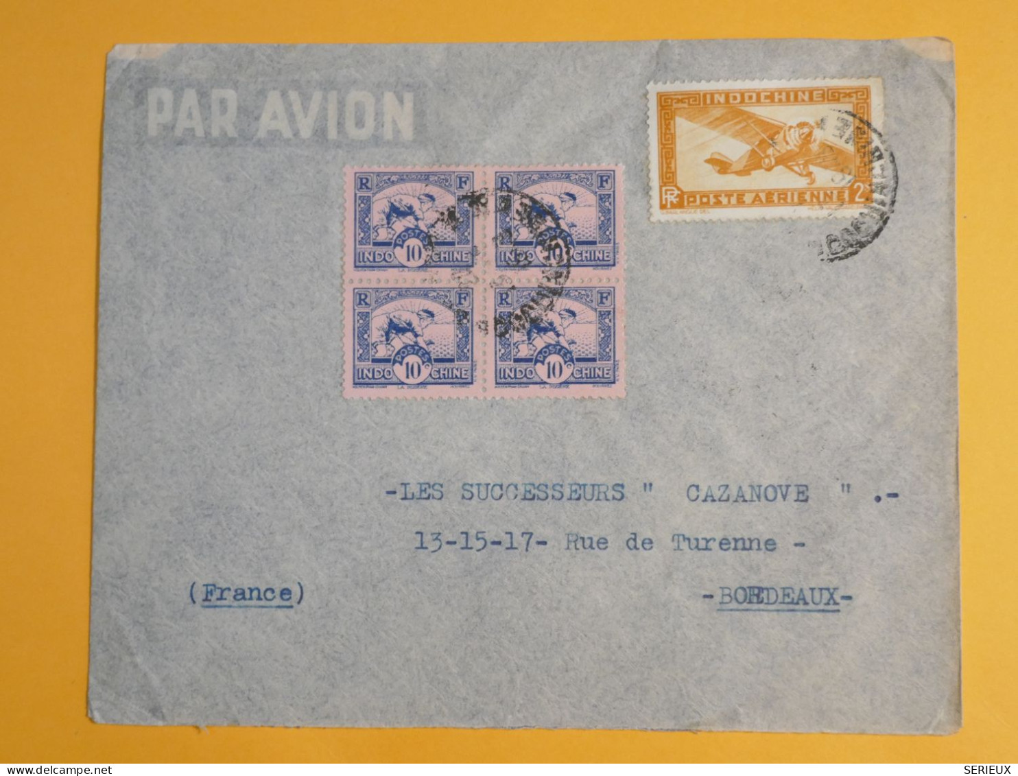 DM5 INDOCHINE   LETTRE  1933  SAIGON A BORDEAUX FRANCE   +BLOC DE 4 TP   + + AFF.   INTERESSANT+ + - Briefe U. Dokumente