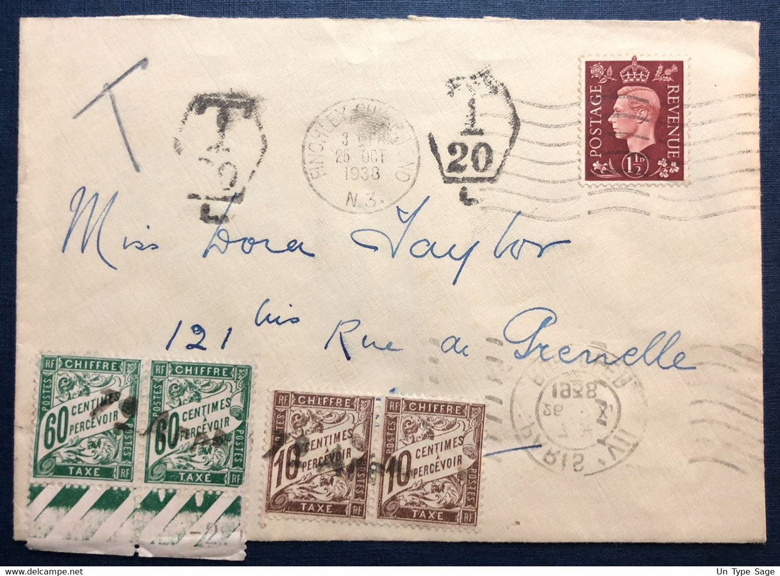 France, Divers Taxe Sur Enveloppe De Finchley (Londres) 25.10.1938 - (B4342) - 1859-1959 Storia Postale
