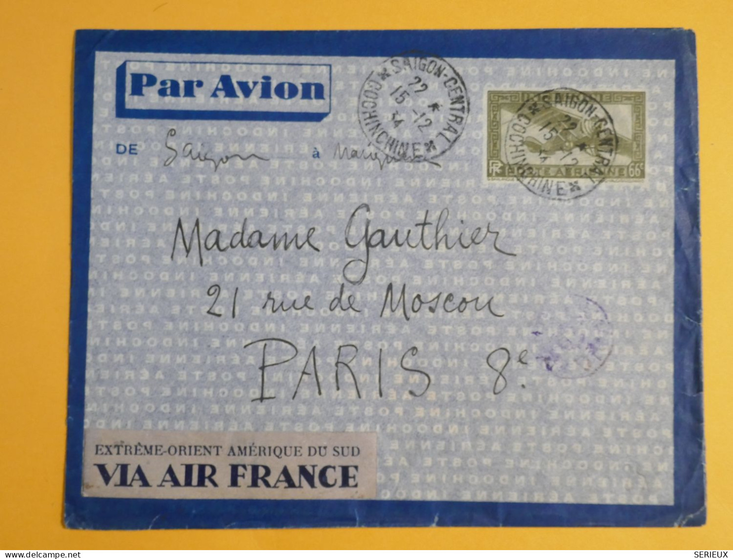 DM5 INDOCHINE   LETTRE  1934  SAIGON A PARIS FRANCE   + + + AFF.   INTERESSANT+ + - Covers & Documents