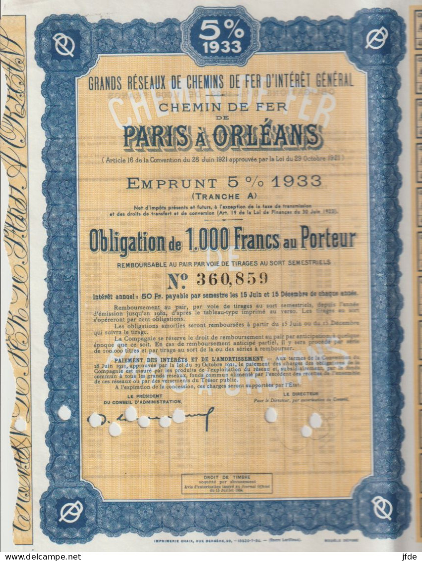 CHEMINS De FER PARIS ORLEANS 1000F1933 - Chemin De Fer & Tramway