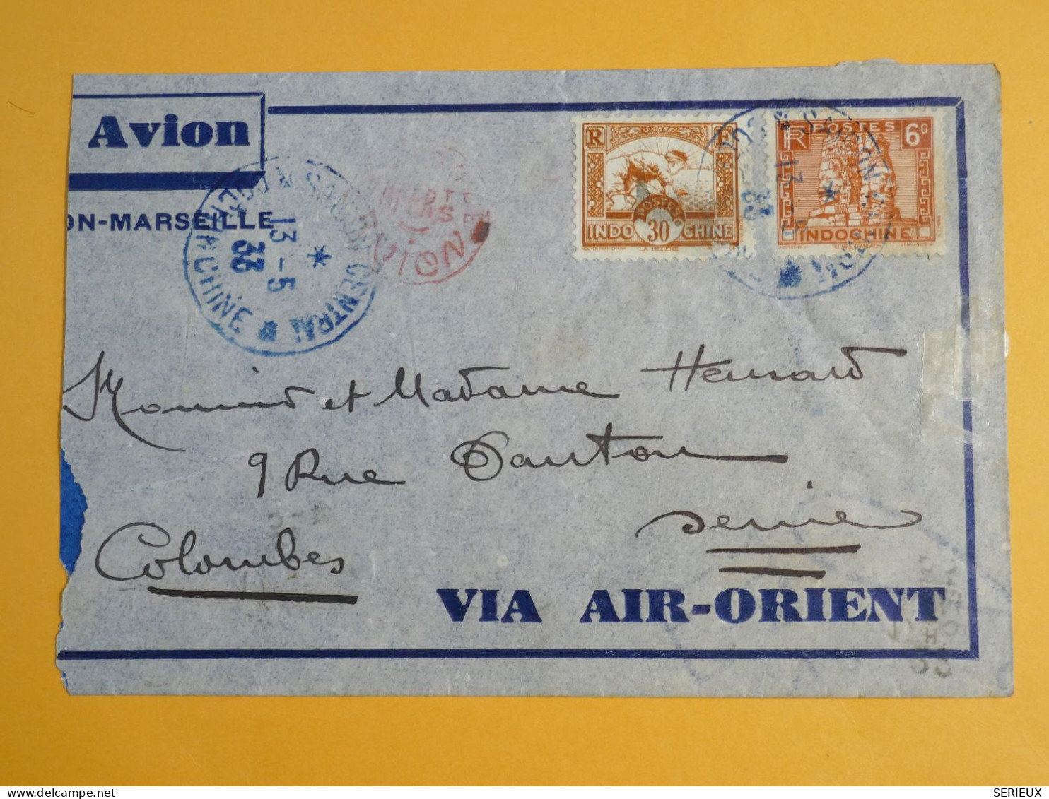 DM5 COCHINCHINE   LETTRE  1933  SAIGON A COLOMBES   FRANCE   + + + AFF.   INTERESSANT+ + - Briefe U. Dokumente